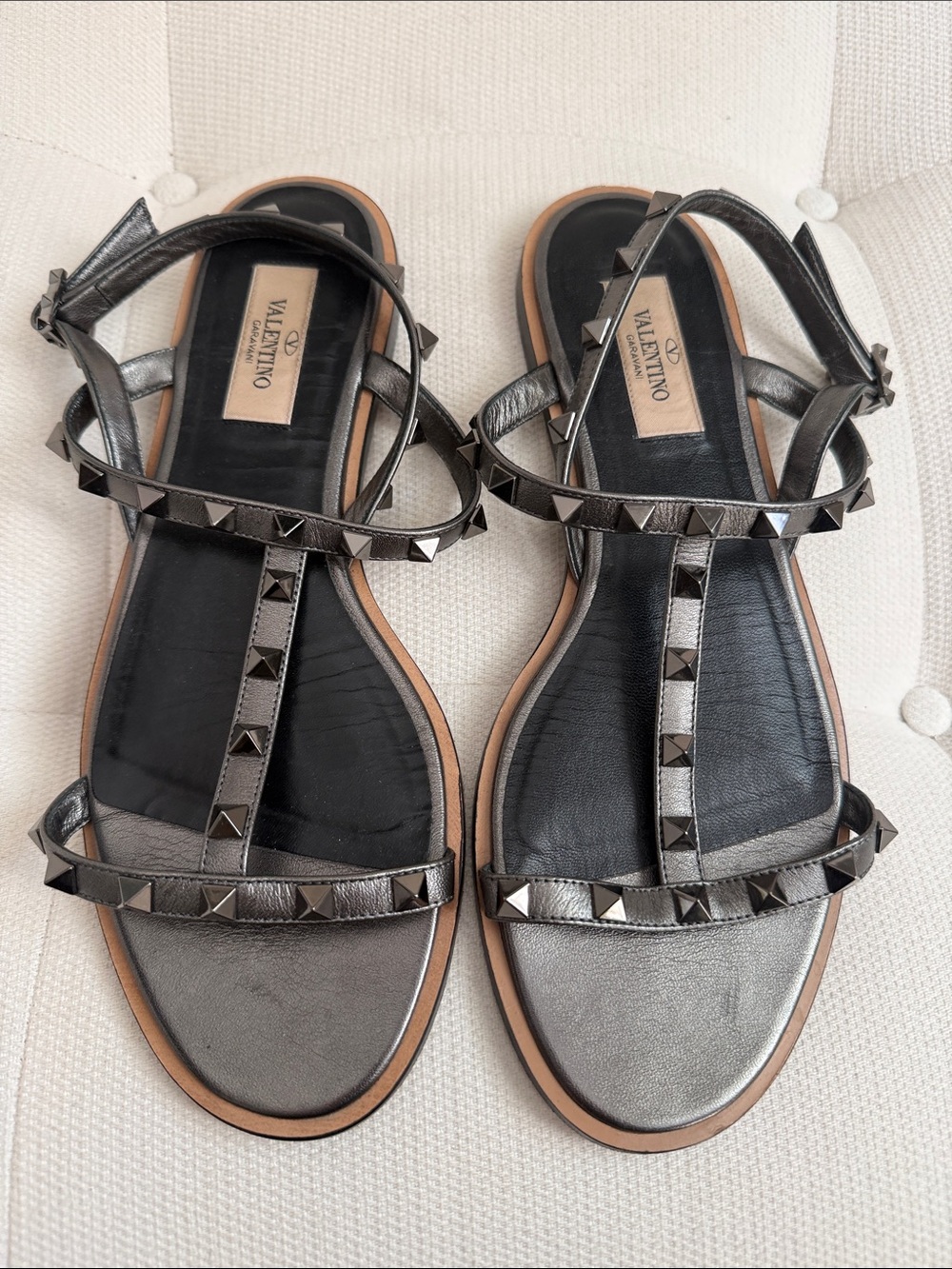 Valentino Garavani Metallic Gunmetal Rockstud T-Strap Sandals